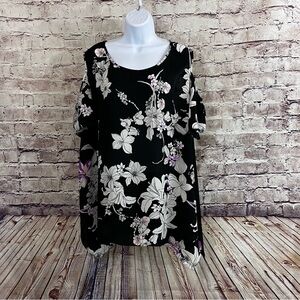 Avenue Black Floral Cold Shoulder Shark Bite Hem Blouse